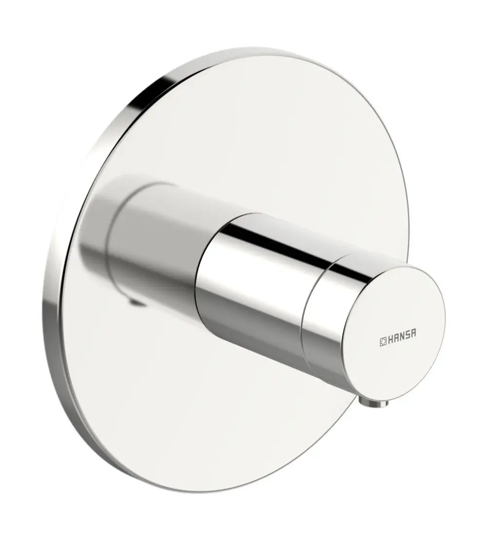 Runde Wandrosette in Chrom von HANSA mit einem zentralen, zylindrischen Bedienhebel, geeignet für Fertigmontagesets von Wanne und Brause.